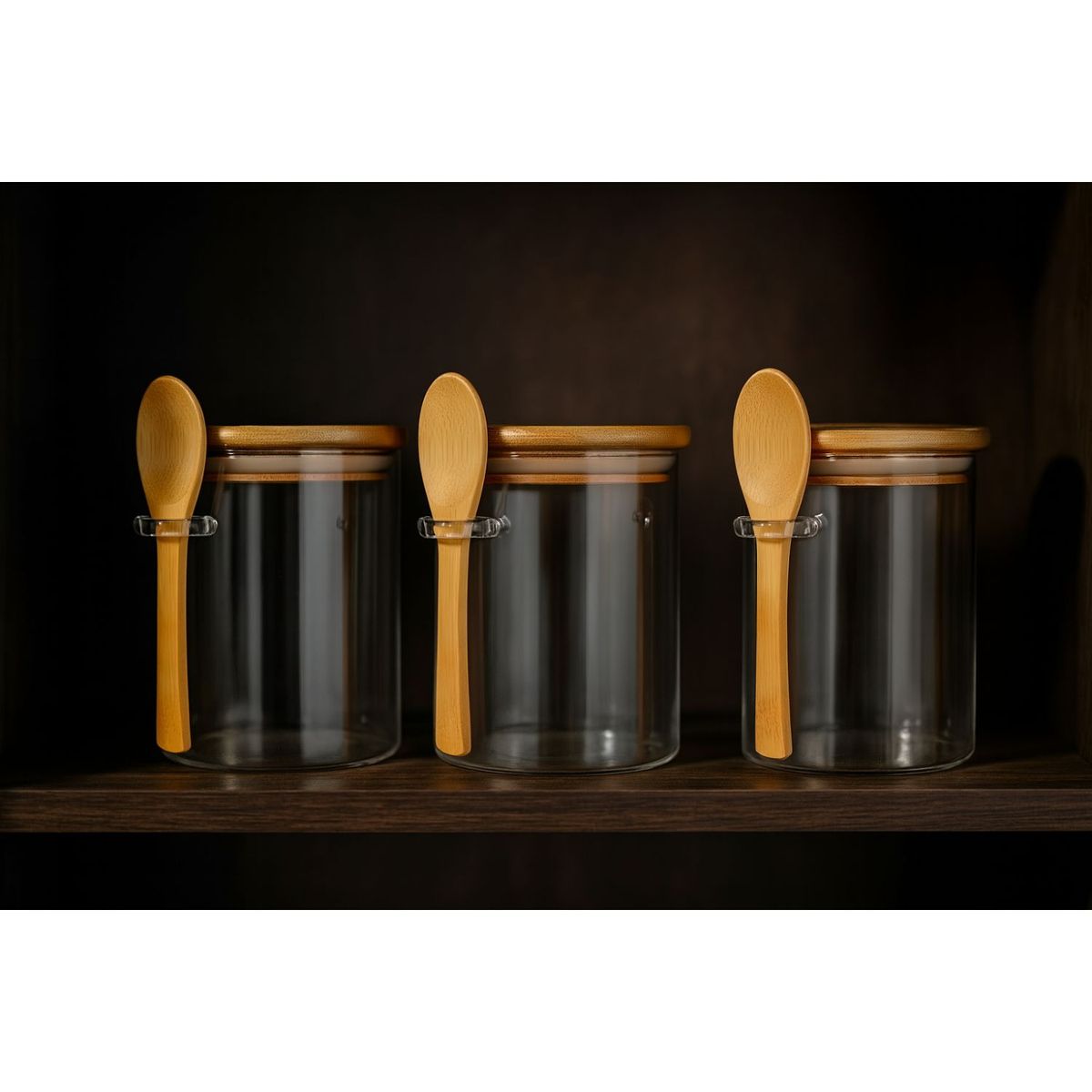 GENERICO - Set 3 Frascos Hermeticos 700mL 10cm Redondo Cuchara Tapa Bambú