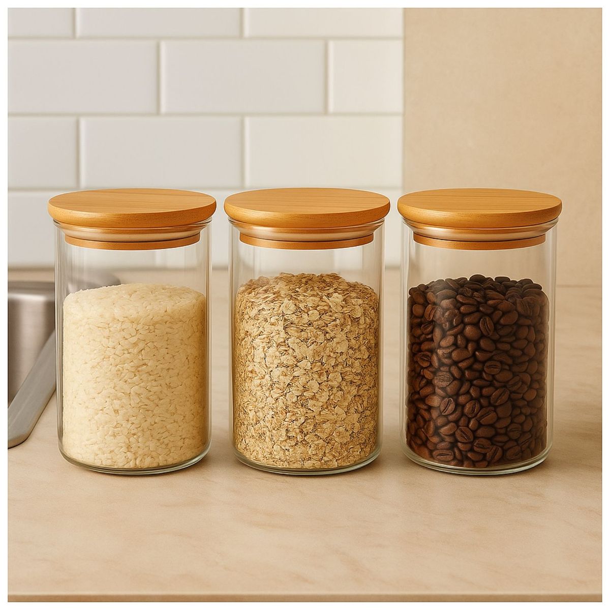 GENERICO - Set 3 Frascos Hermeticos 860mL 12cm Redondo Cuchara Tapa Bambú