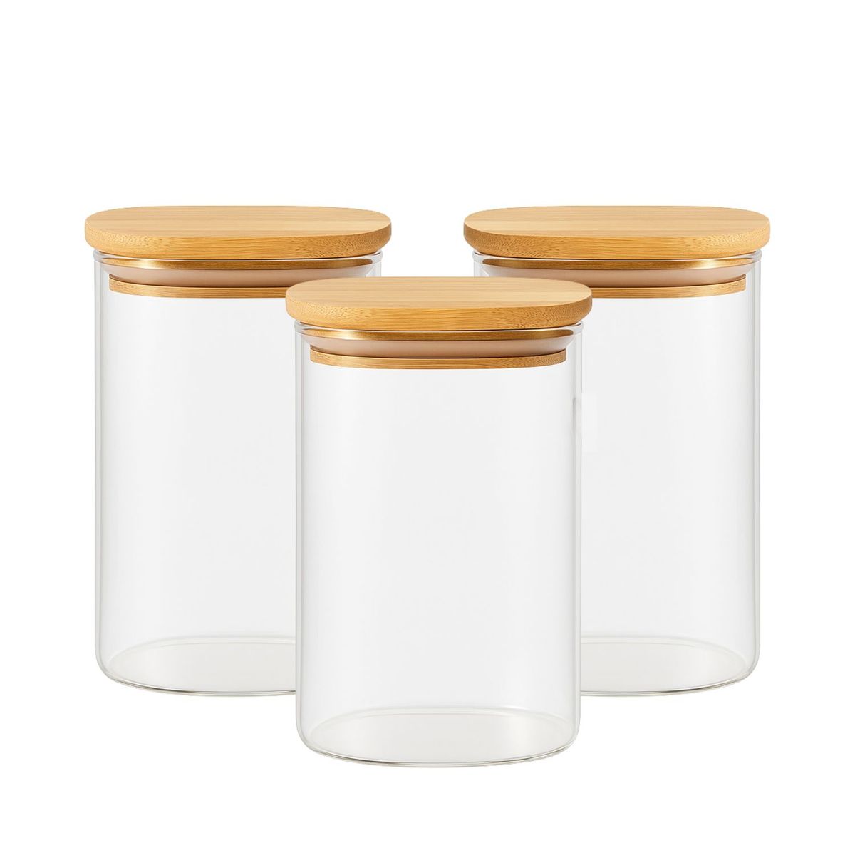 GENERICO - Set 3 Frascos Hermeticos 860mL 12cm Redondo Cuchara Tapa Bambú