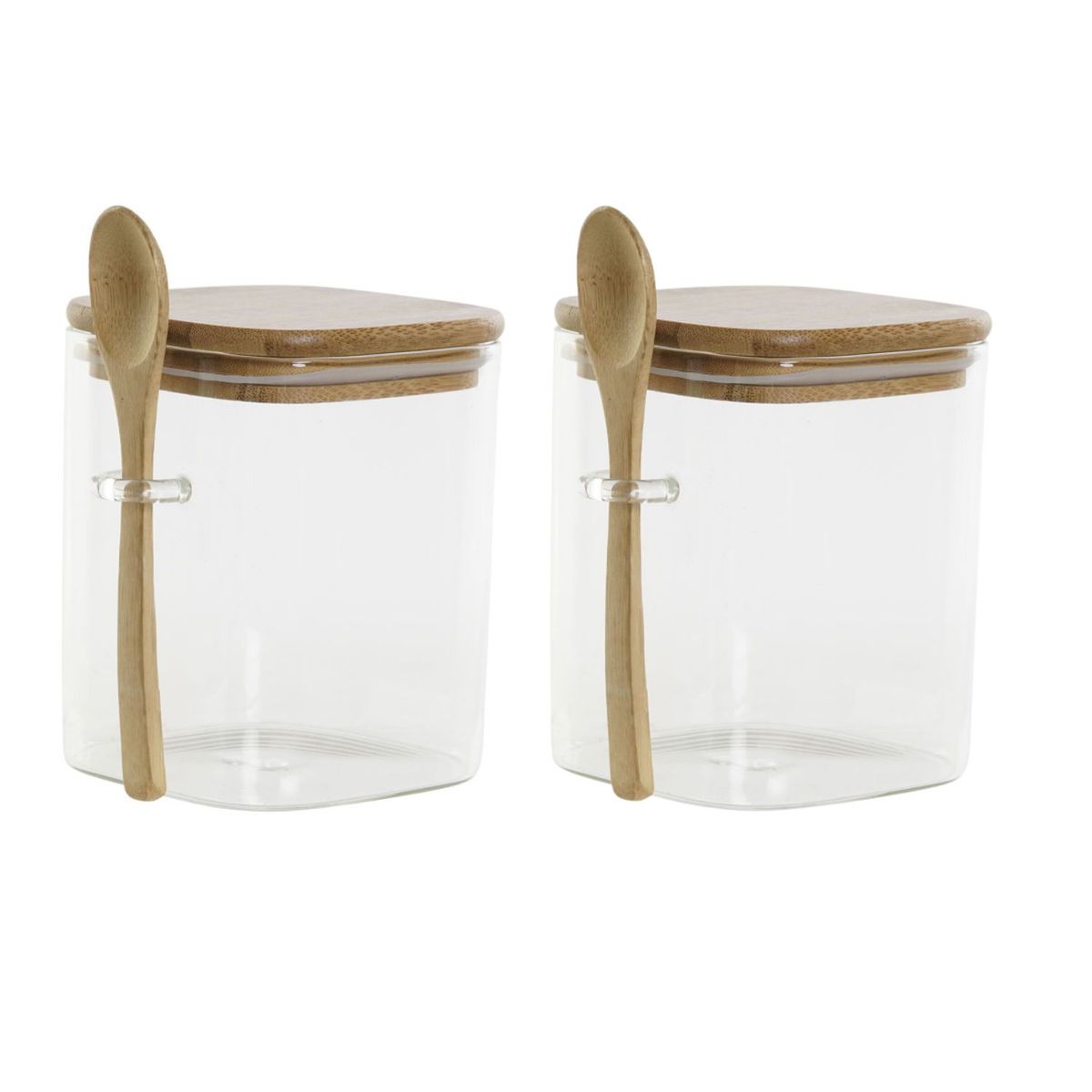 GENERICO - Set 2 Frascos Contenedores 570mL 10cm Cuadrado Cuchara Bambú