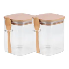 GENERICO - Set 2 Frascos Contenedores 700mL 12cm Cuadrado Cuchara Bambú