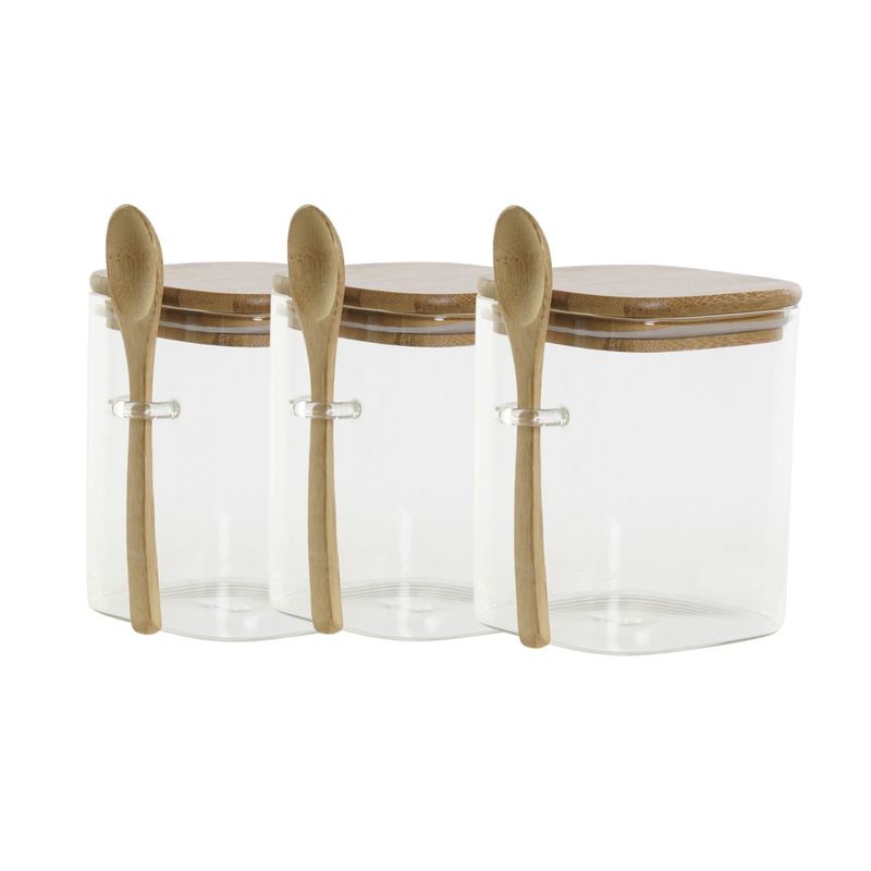 GENERICO - Set 3 Frascos Contenedores 570mL 10cm Cuadrado Cuchara Bambú