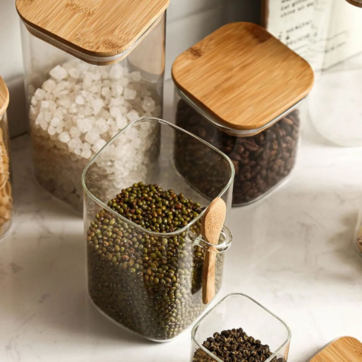 GENERICO - Set 3 Frascos Contenedores 570mL 10cm Cuadrado Cuchara Bambú