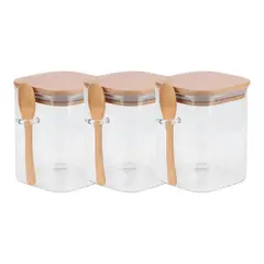 GENERICO - Set 3 Frascos Contenedores 700mL 12cm Cuadrado Cuchara Bambú