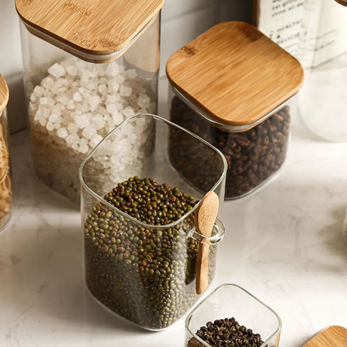 GENERICO - Set 3 Frascos Contenedores 700mL 12cm Cuadrado Cuchara Bambú