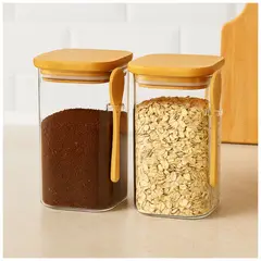 GENERICO - Set 2 Frascos Contenedores 900mL Vidrio 15cm Cuadrado Cuchara