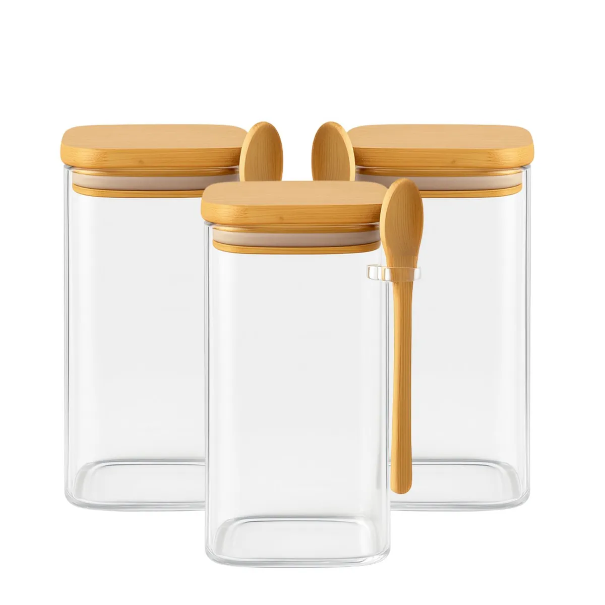 GENERICO - Set 3 Frascos Contenedores 900mL Vidrio 15cm Cuadrado Cuchara