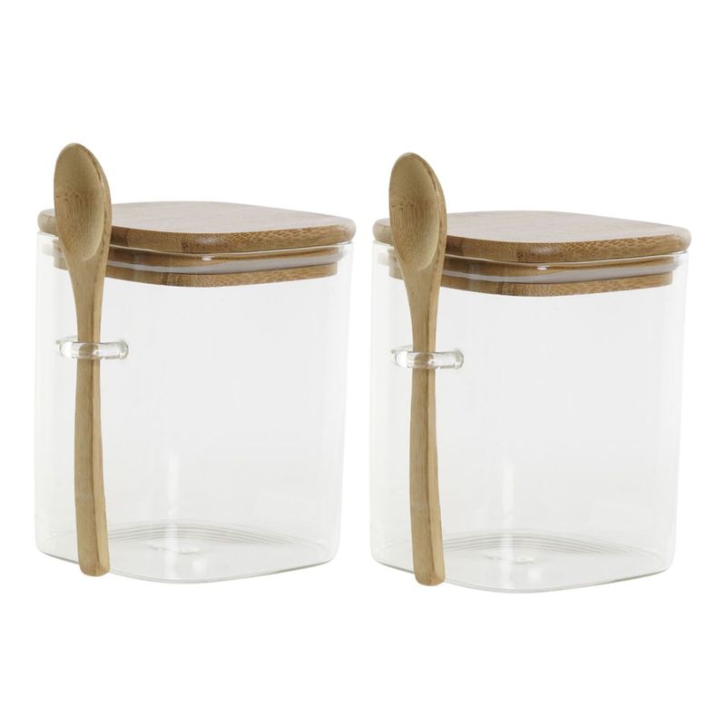 GENERICO - Set 2 Frasco Contenedor 900mL 10cm Cuadrado Cuchara Bambú