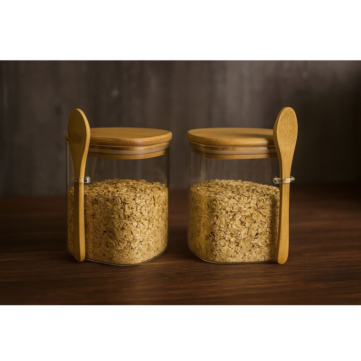 GENERICO - Set 2 Frasco Contenedor 900mL 10cm Cuadrado Cuchara Bambú