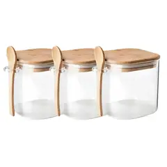 GENERICO - Set 3 Frasco Contenedor 1100mL 12cm Cuadrado Cuchara Bambú