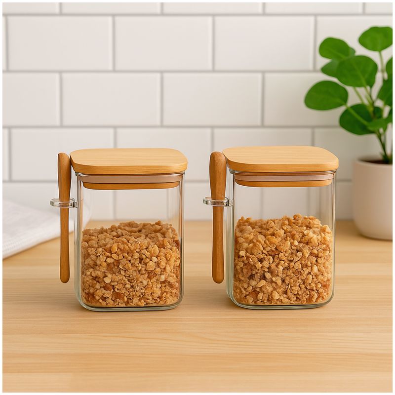 GENERICO - Set 2 Frasco Contenedor 1400mL 15cm Cuadrado Cuchara Bambú