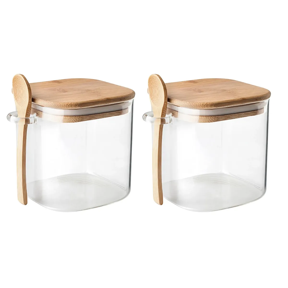 GENERICO - Set 2 Frasco Contenedor 1100mL 12cm Cuadrado Cuchara Bambú