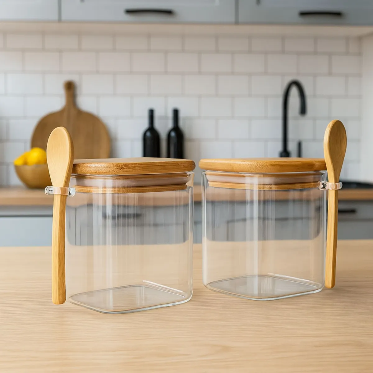GENERICO - Set 2 Frasco Contenedor 1100mL 12cm Cuadrado Cuchara Bambú