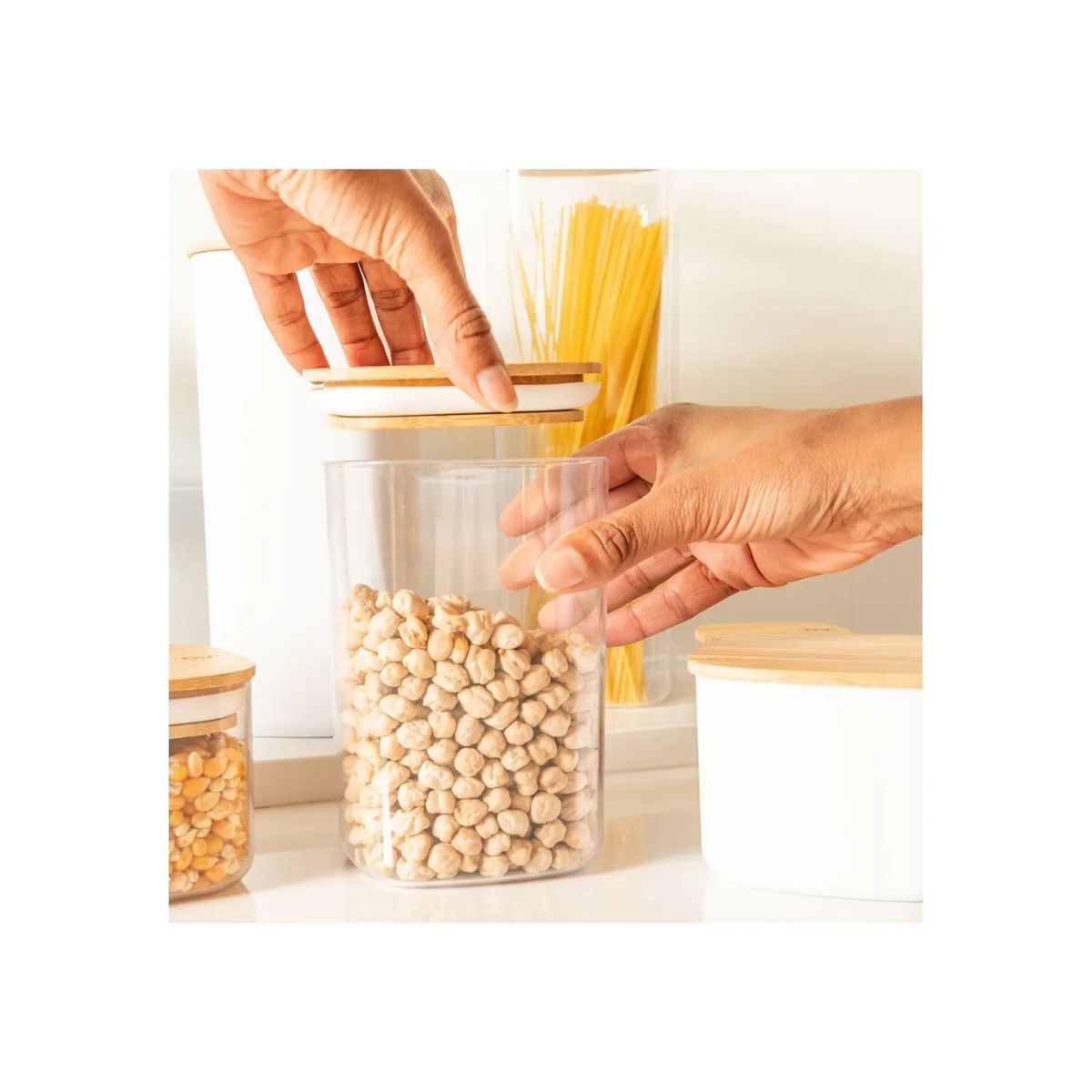 GENERICO - Frasco Tarro Hermetico Cuadrado 400mL Vidrio 12cm Tapa Bambú