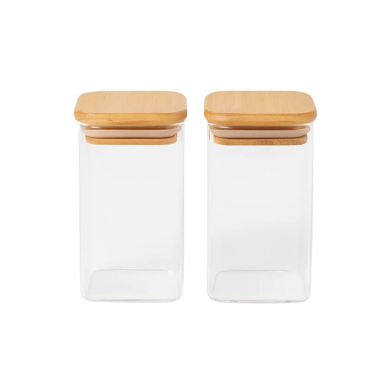 GENERICO - Set 2 Frasco Hermetico Cuadrado 400mL Vidrio 12cm Tapa Bambú