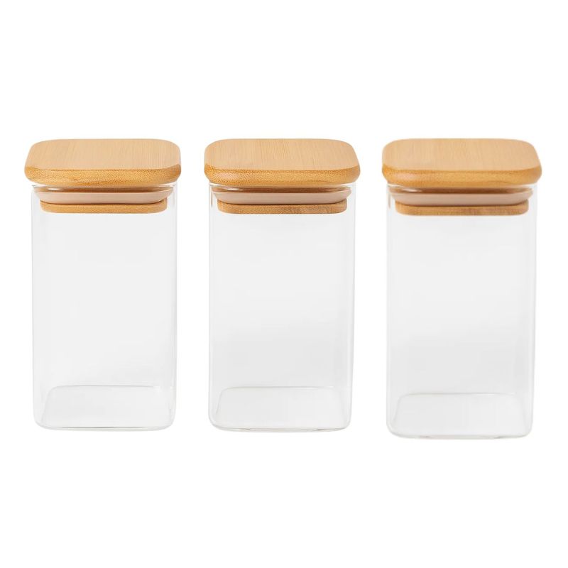 GENERICO - Set 3 Frasco Hermetico Cuadrado 400mL Vidrio 12cm Tapa Bambú
