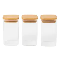 GENERICO - Set 3 Frasco Hermetico Cuadrado 400mL Vidrio 12cm Tapa Bambú