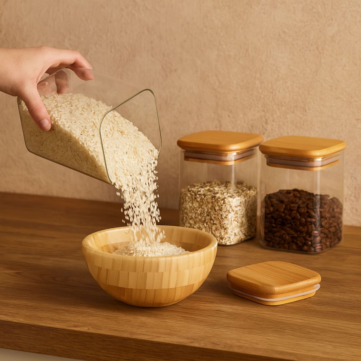 GENERICO - Set 3 Frasco Hermetico Cuadrado 400mL Vidrio 12cm Tapa Bambú