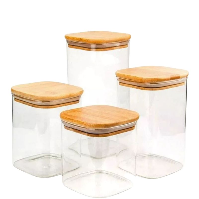 GENERICO - Set 4 Frascos Tarro Contenedor Hermetico Vidrio Tapa Bambú