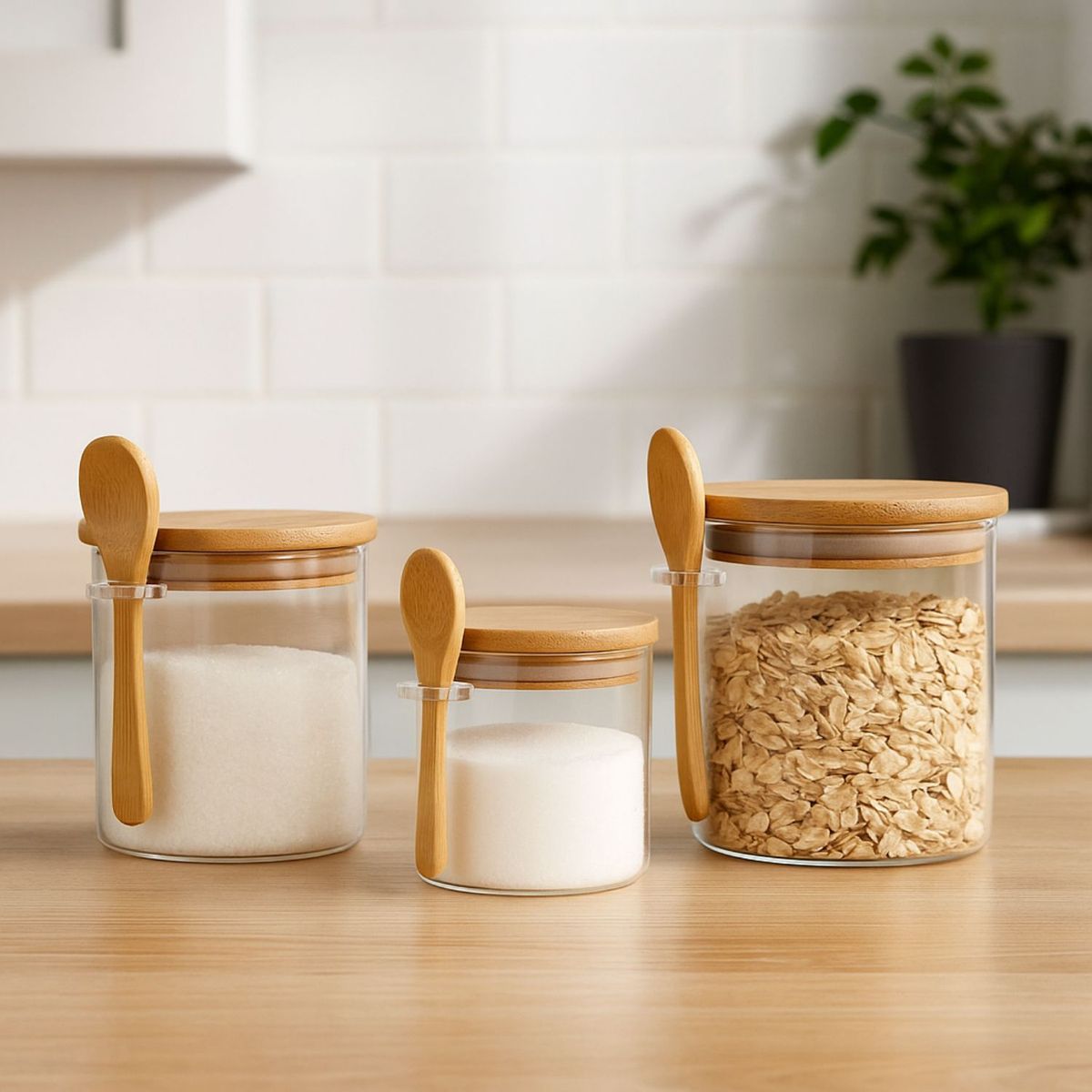 GENERICO - Set 3 Frascos Hermetico Redondo Vidrio Cuchara Tapa Bambú