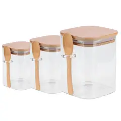 GENERICO - Set 3 Frascos Tarros Cuadrado Vidrio Con Cuchara Bambú