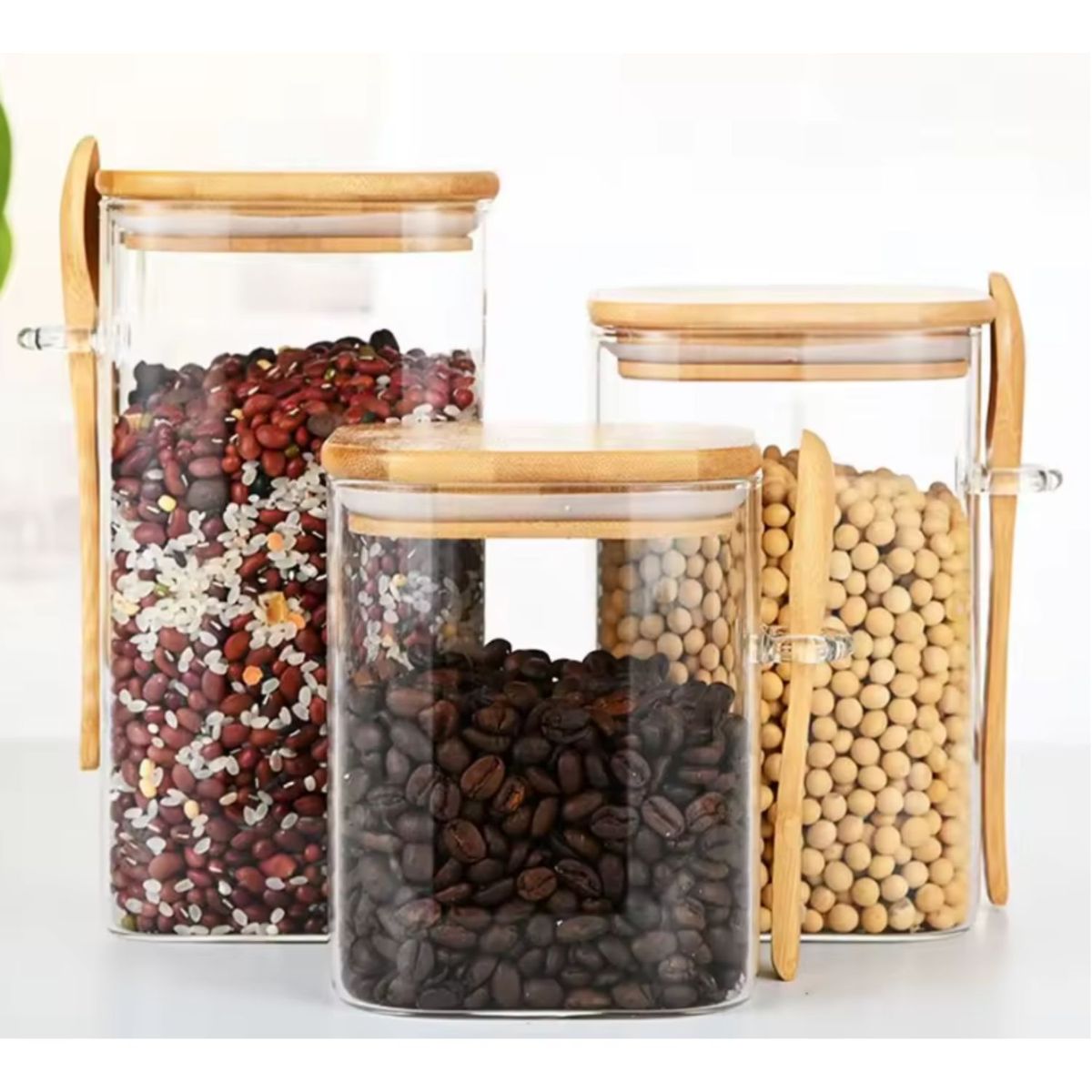 GENERICO - Set 3 Frascos Tarros Cuadrado Vidrio Con Cuchara Bambú