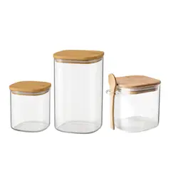GENERICO - Set 3 Frascos Tarros Hermeticos Vidrio Con Tapa Bambú