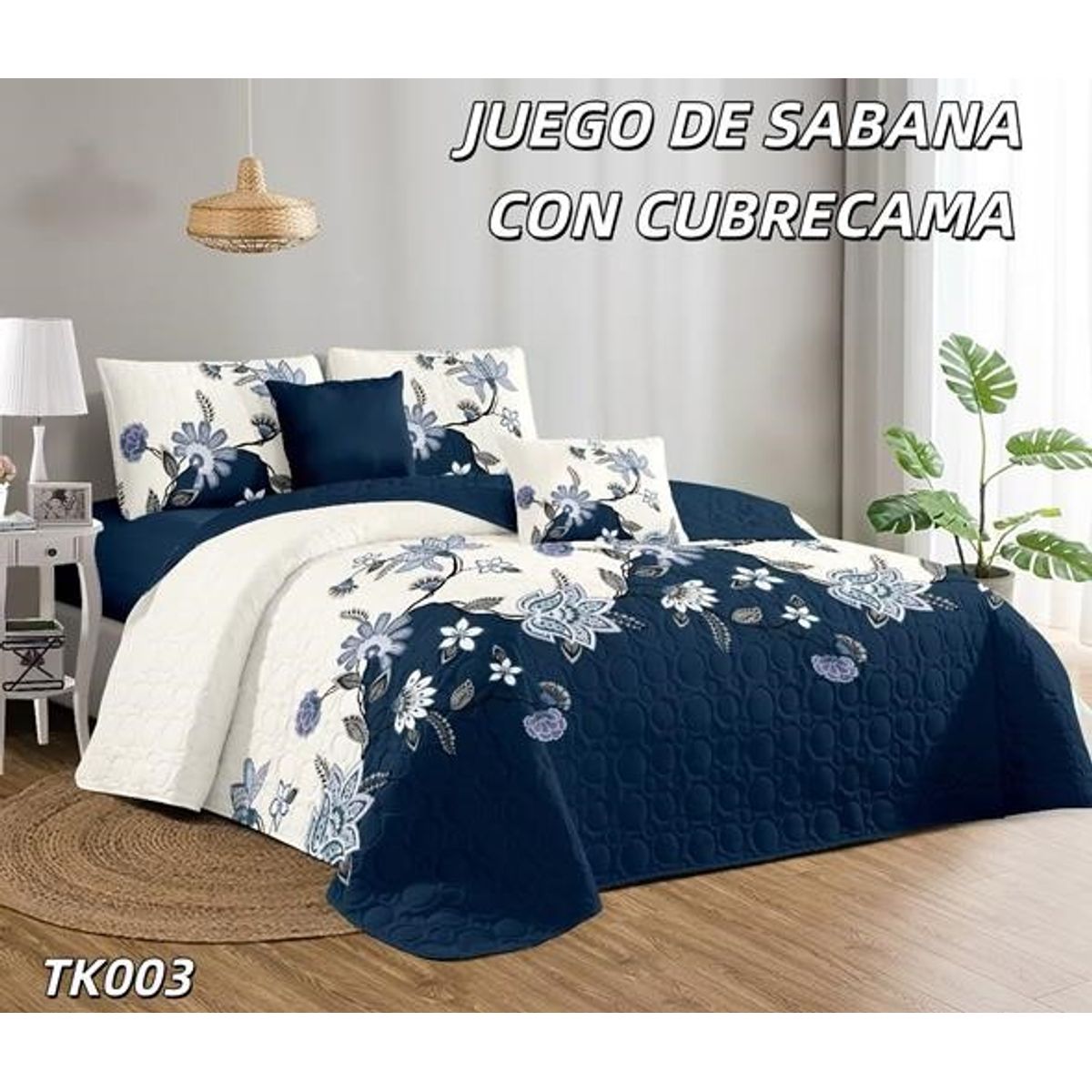 GENERICO - Cobertor de verano tipo Quilt con Juego de Sabanas 2P Blanco y Azul M