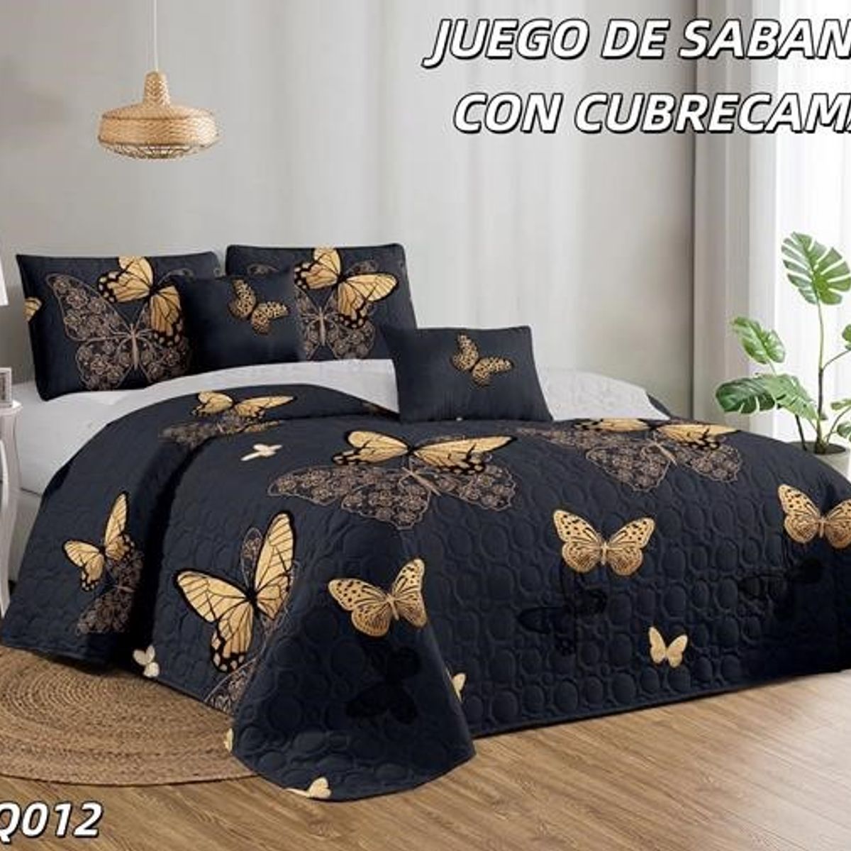 GENERICO - Cobertor de verano tipo Quilt con Juego de Sabanas 2P Negro Mariposas