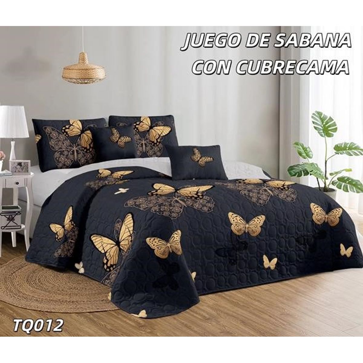 GENERICO - Cobertor de verano tipo Quilt con Juego de Sabanas 2P Negro Mariposas