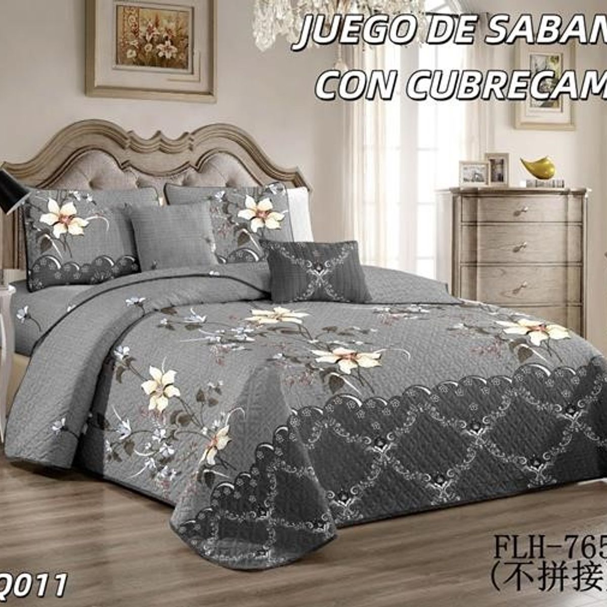 GENERICO - Cobertor de verano tipo Quilt con Juego de Sabanas 2P Gris Floreado