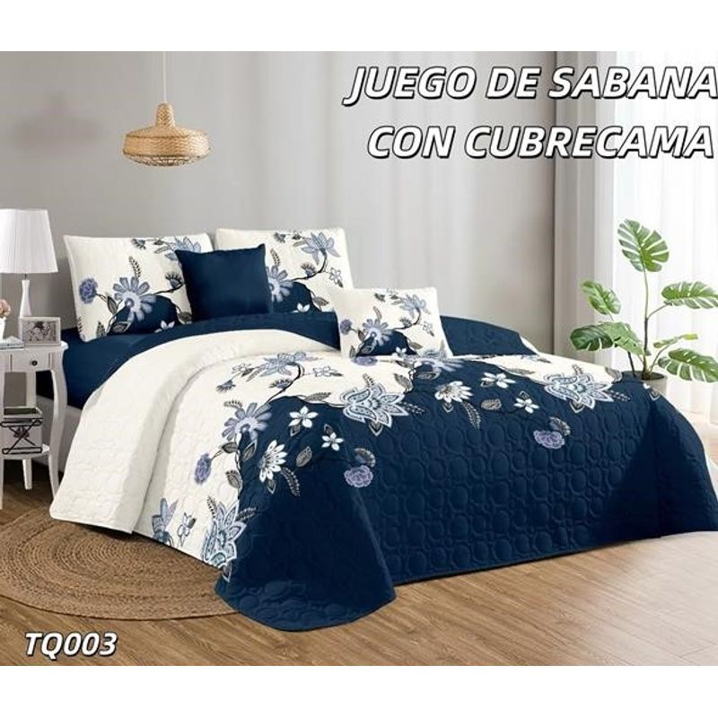 GENERICO - Cobertor de verano tipo Quilt + Juego de Sabanas Azul Flores