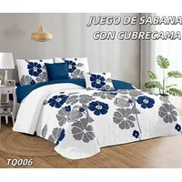 Cobertor de verano tipo Quilt + Juego de Sabanas KING Azul Flor