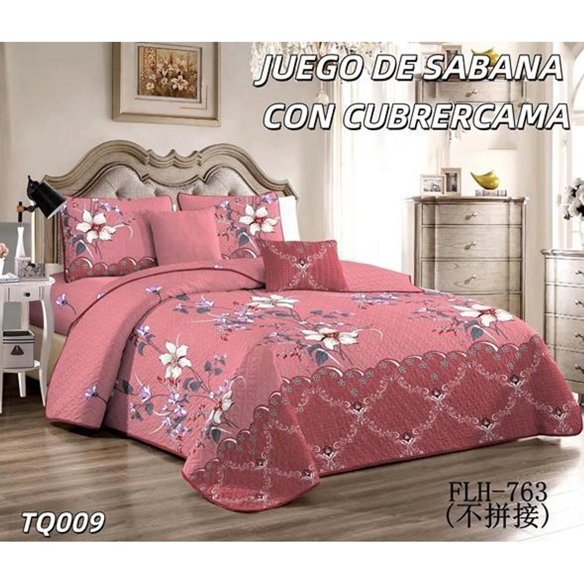 GENERICO - Cobertor de verano tipo Quilt + Juego de Sabanas KING Rosa Flores