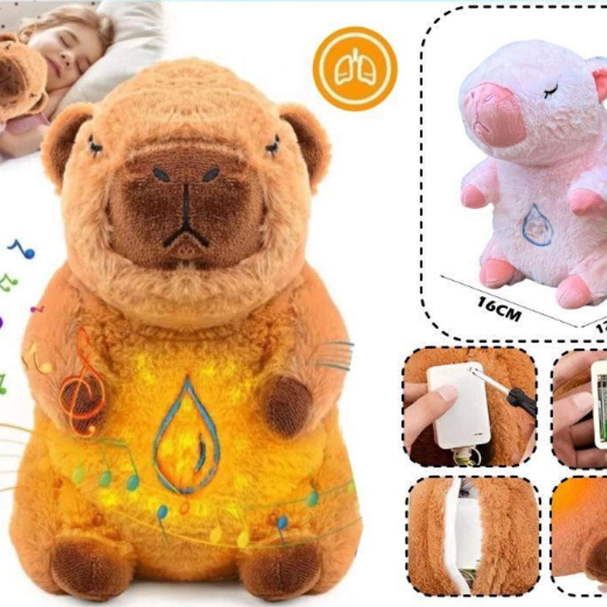 GENERICO - Peluche Capybara Interactivo con Respiración y Música Rosado
