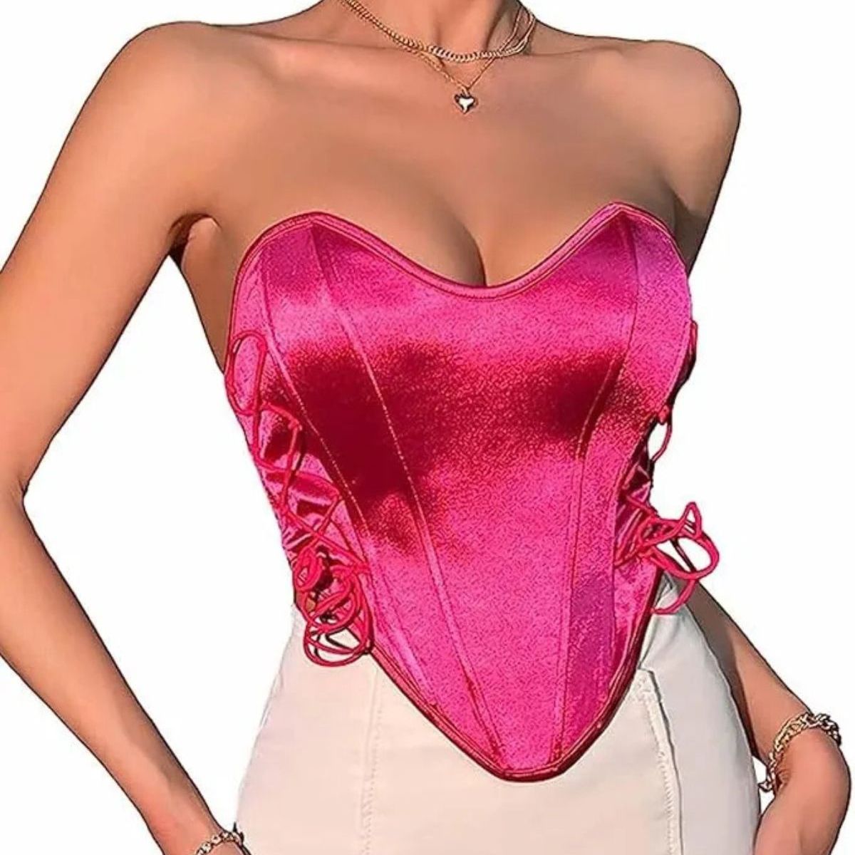 LOOK SHOP - Corset Top Satinado Ajustable, Realza Busto Y Cintura. Sexy 005