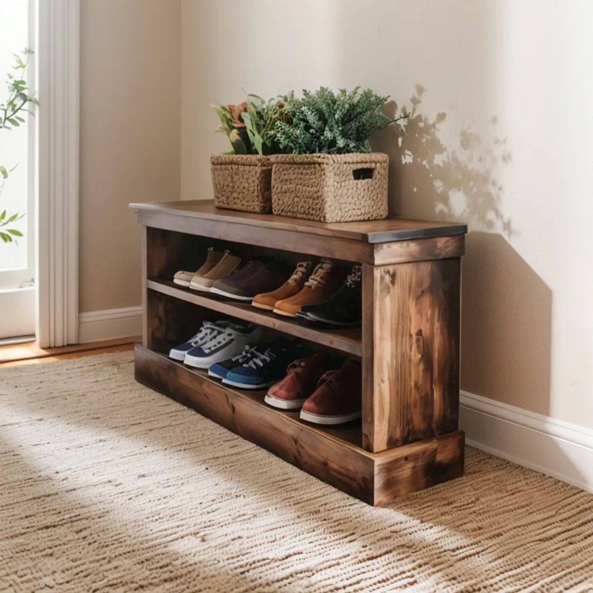 GENERICO - Zapatero Madera Color Nogal 2 Niveles Mas Asiento Nogal