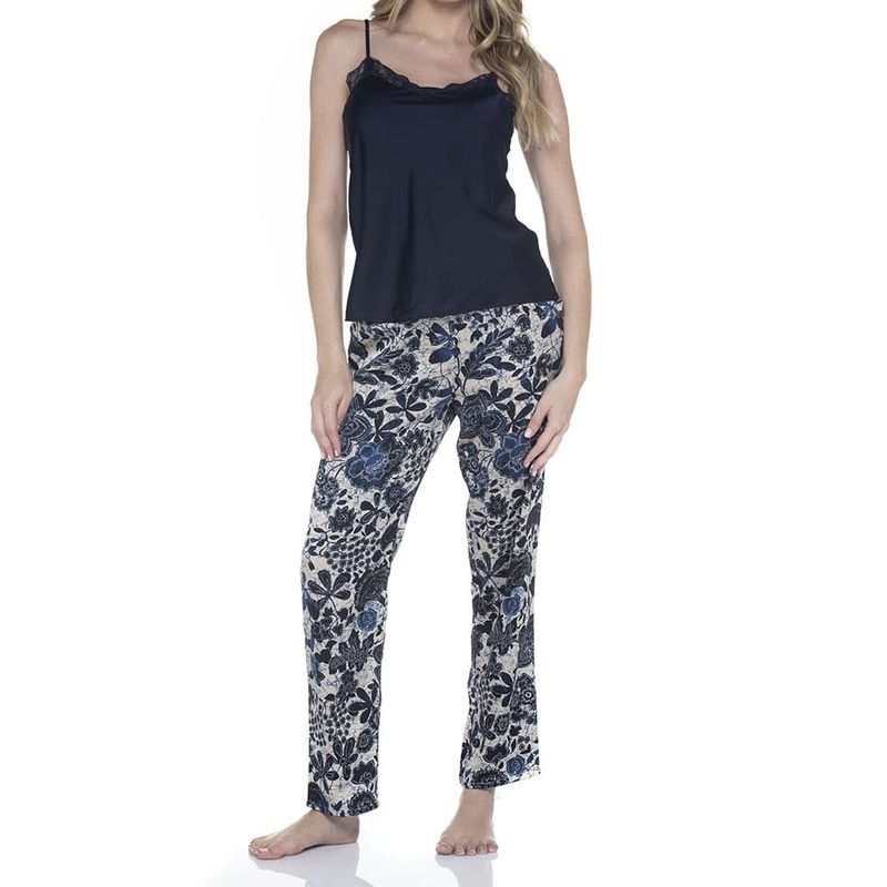 LADY GENNY - Pijama De Satín Con Encaje Y Pantalones Floreados