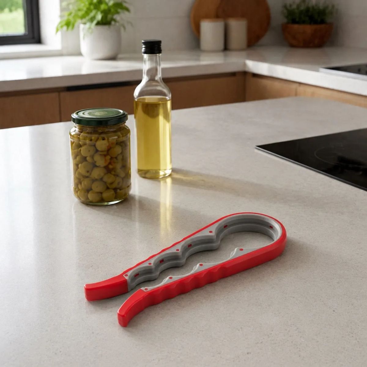 HOMESTAR - Abridor multiuso manual para tapas y botellas rojo gris