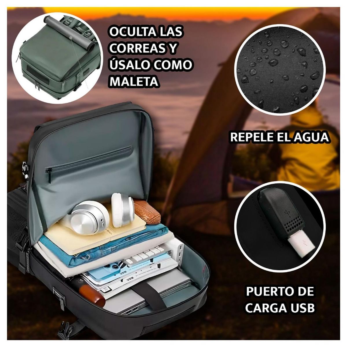 GLOBAL LATIN GROUP - Mochila Multifuncional Viajera Impermeable Puerto USB Diseño Expandibl