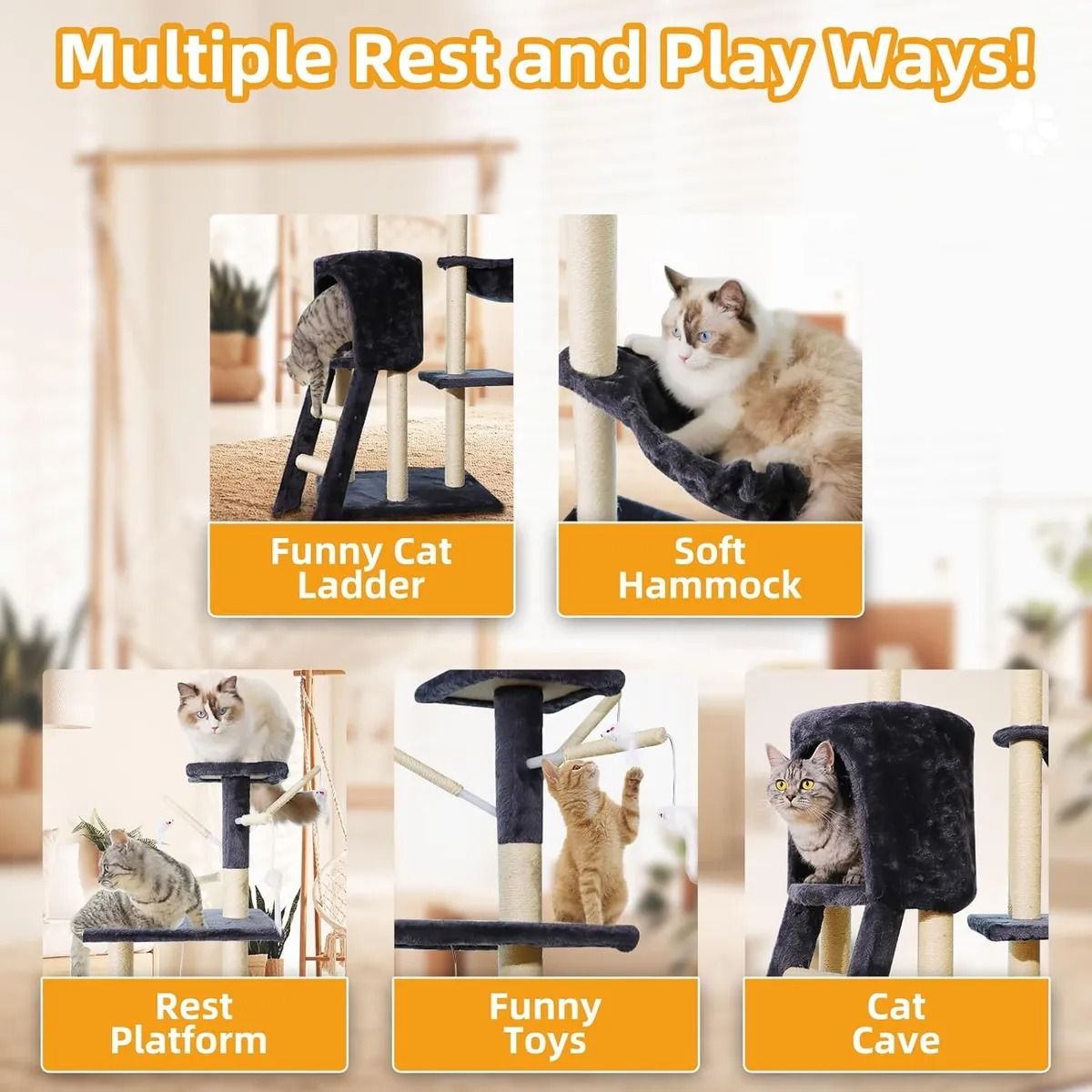 Rascador Torre 5 Niveles En Felpa Y Sisal Para Gato 138cm, marca EVERSO - Foto 2