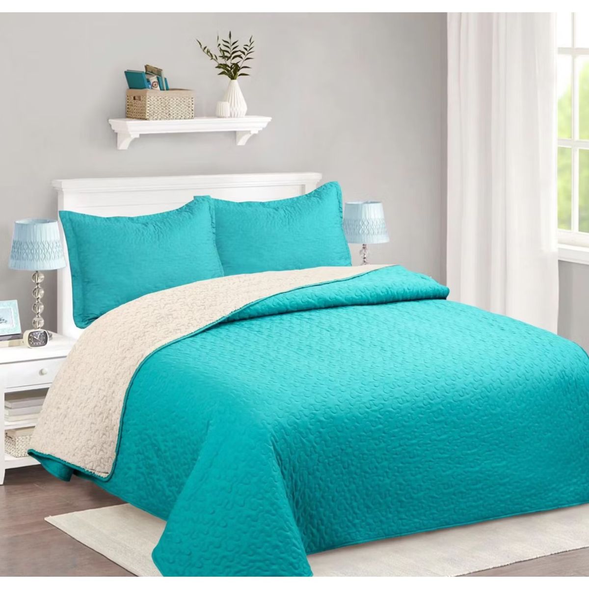 COMPRAPO - Cubrecama Quilt Juvenil Sherpa King Modelo Turquesa + 2 Fundas