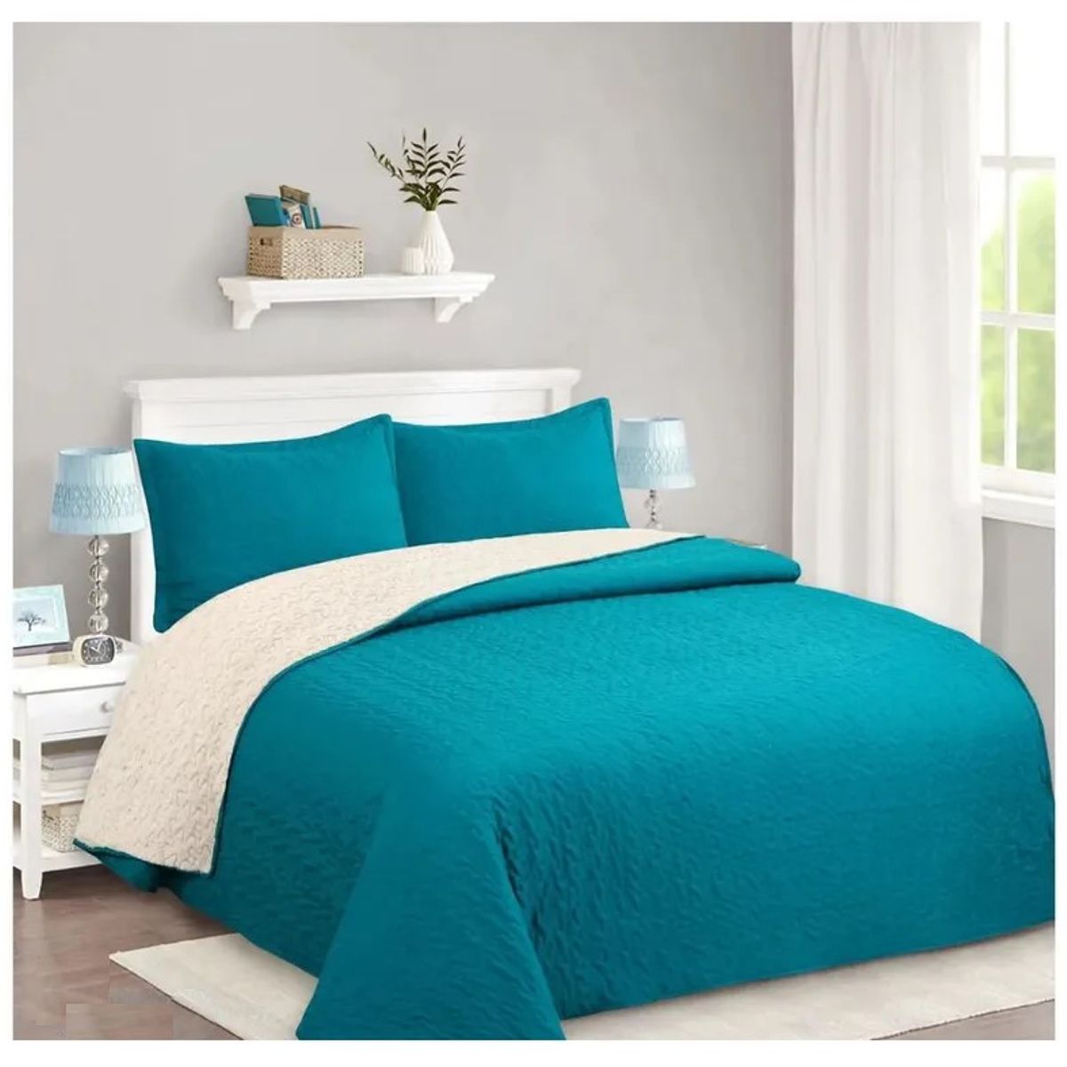 COMPRAPO - Cubrecama Quilt Juvenil Sherpa King Modelo Petróleo + 2 Fundas