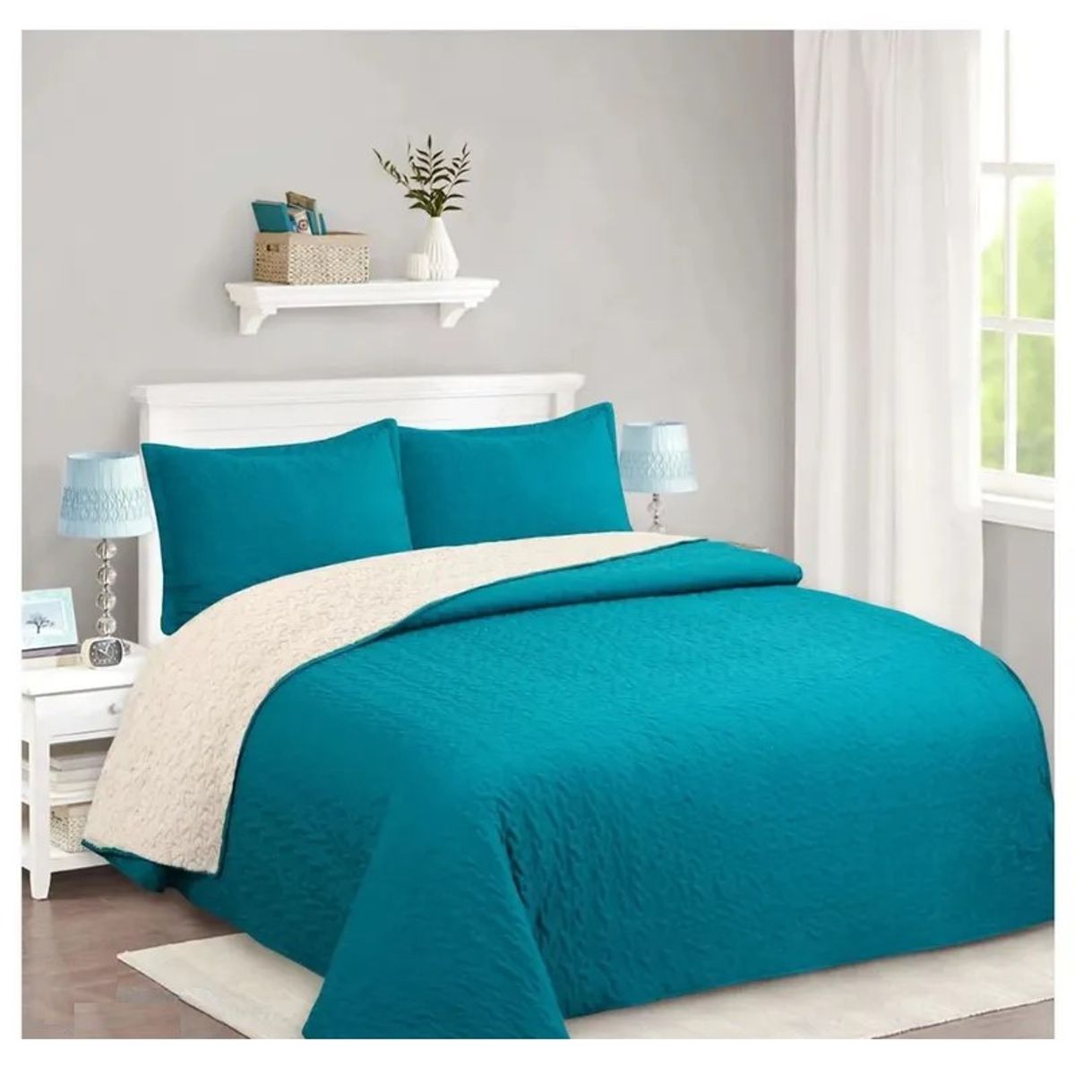 COMPRAPO - Cubrecama Quilt Juvenil Sherpa King Modelo Petróleo + 2 Fundas