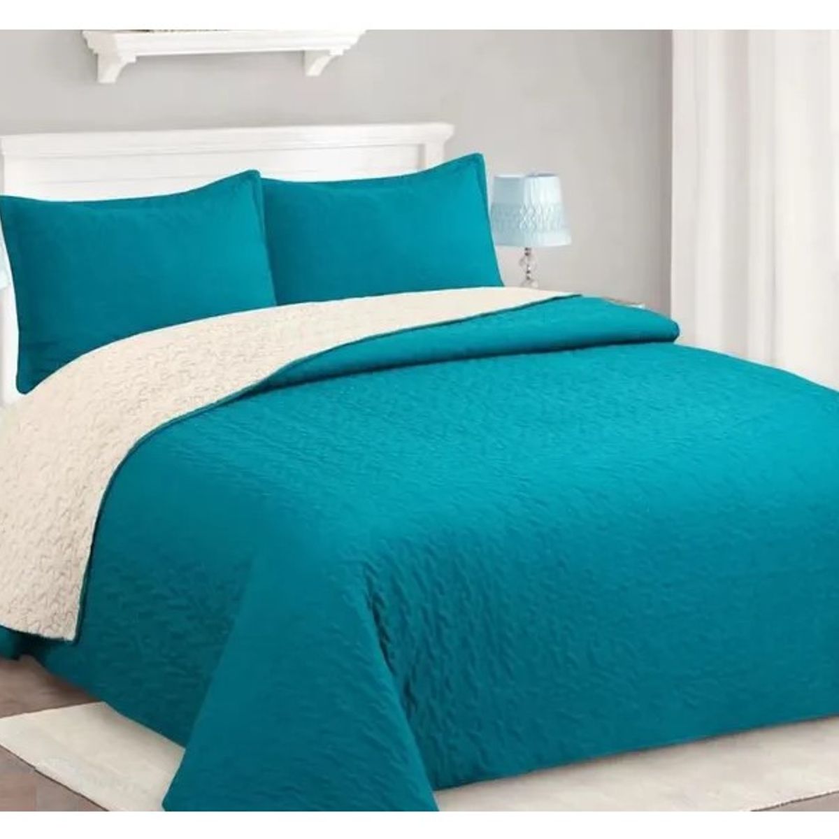 COMPRAPO - Cubrecama Quilt Juvenil Sherpa King Modelo Petróleo + 2 Fundas