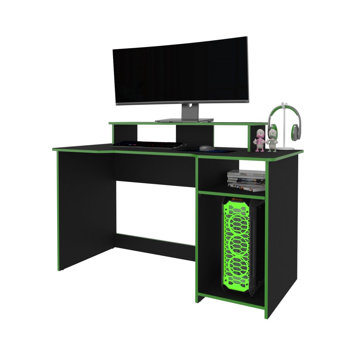 TUHOME - Escritorio Gamer Con 2 Niveles Para Monitores Huni Wengue Y Verde