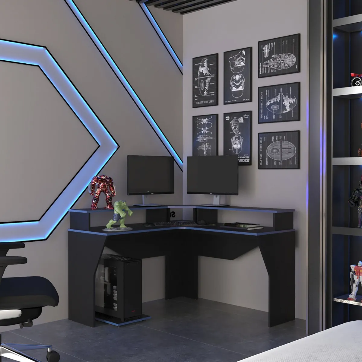 TUHOME - Escritorio Gamer En L Con 2 Niveles Para Monitores Guma Wengue Y Azul