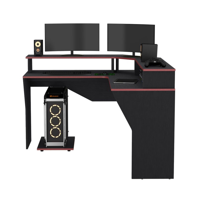 TUHOME - Escritorio Gamer En L Con 2 Niveles Para Monitores Guma Wengue Y Rojo