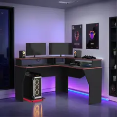 TUHOME - Escritorio Gamer En L Con 2 Niveles Para Monitores Guma Wengue Y Rojo
