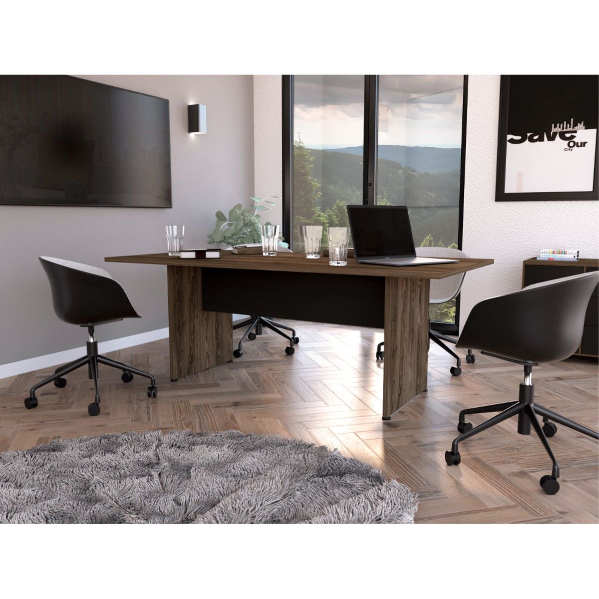 TUHOME - Mesa De Reunion Rectangular Home Office Negro Y Coñac 75X200X100 Cm